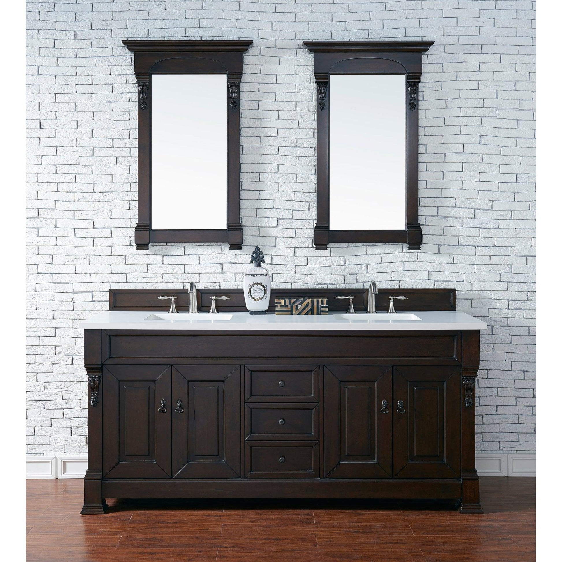 James Martin Vanities Brookfield 72" Burnished Mahogany Double Vanity With 3cm White Zeus Quartz Top