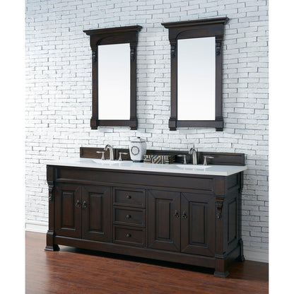 James Martin Vanities Brookfield 72" Burnished Mahogany Double Vanity With 3cm White Zeus Quartz Top