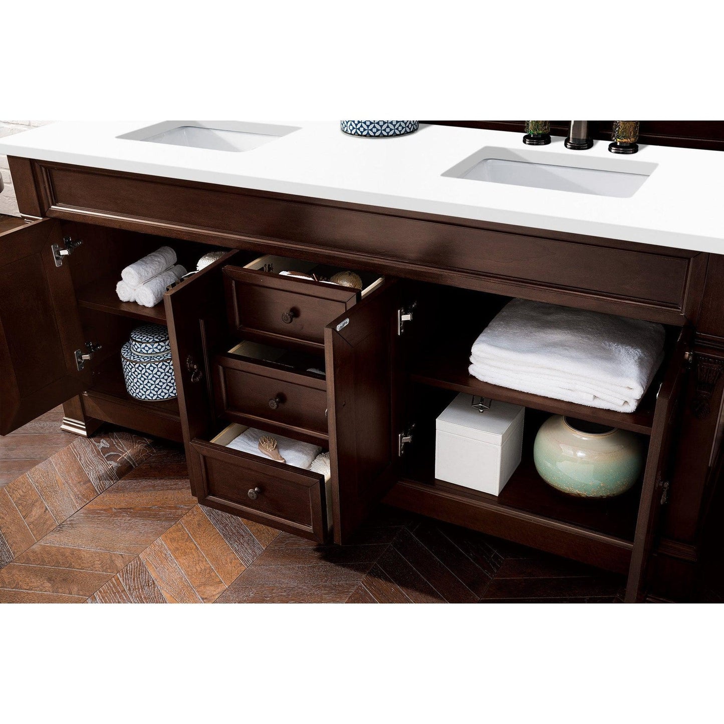 James Martin Vanities Brookfield 72" Burnished Mahogany Double Vanity With 3cm White Zeus Quartz Top