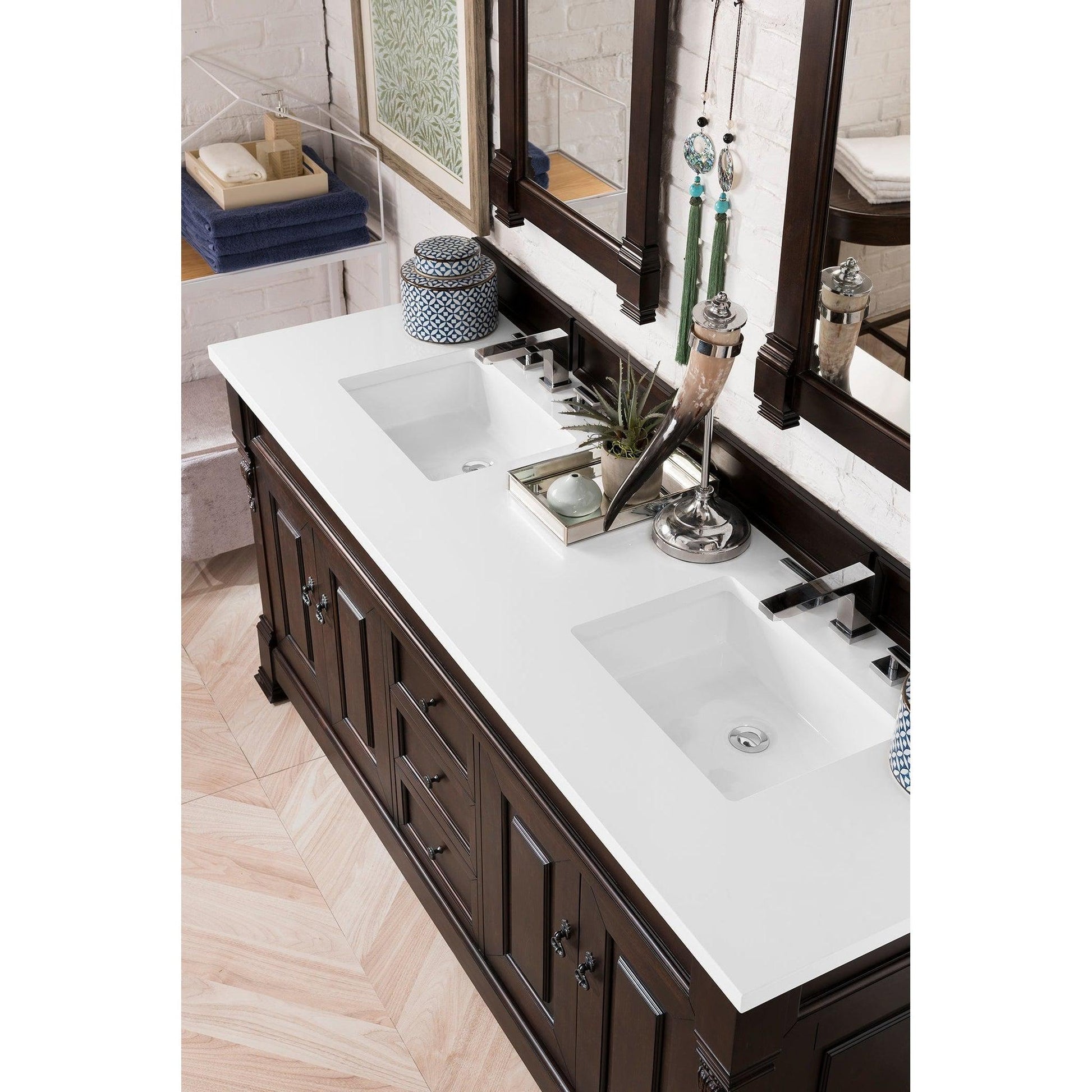 James Martin Vanities Brookfield 72" Burnished Mahogany Double Vanity With 3cm White Zeus Quartz Top