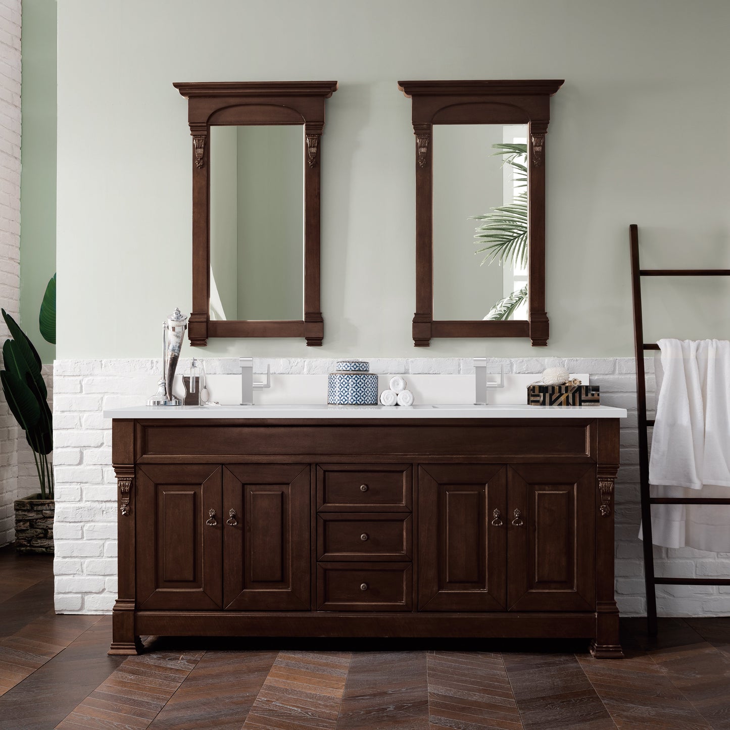 James Martin Vanities Brookfield 72" Burnished Mahogany Double Vanity With Single Hole 3 cm White Zeus Quartz Top & Backsplash