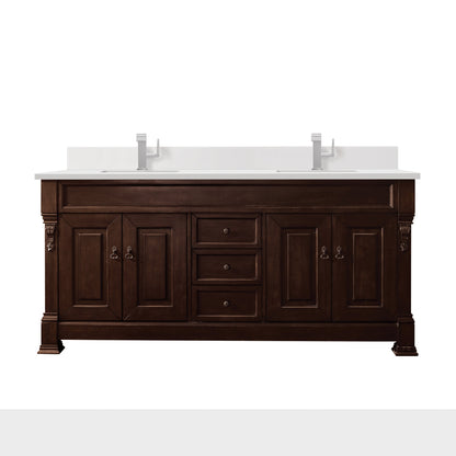 James Martin Vanities Brookfield 72" Burnished Mahogany Double Vanity With Single Hole 3 cm White Zeus Quartz Top & Backsplash