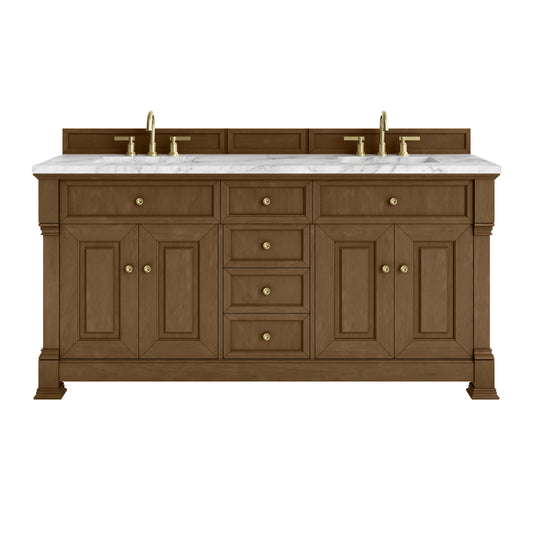 James Martin Vanities Brookfield 72" Honey Oak Double Vanity With 3cm Carrara White Marble Top