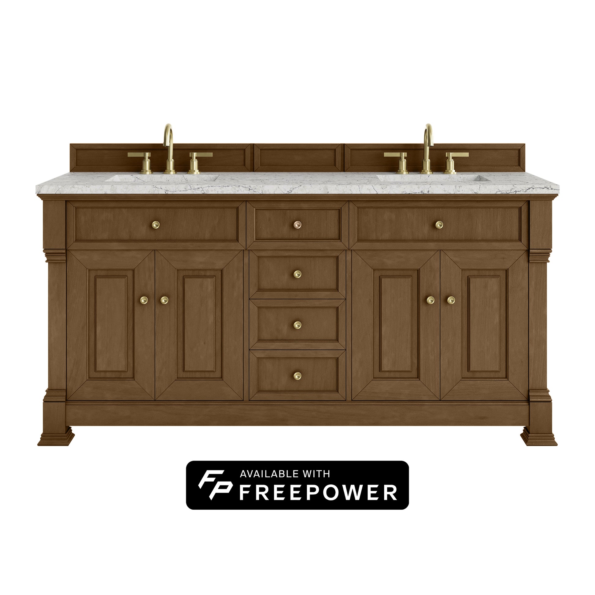James Martin Vanities Brookfield 72" Honey Oak Double Vanity With 3cm Eternal Jasmine Pearl Silestone Top With FreePower Wireless Charger