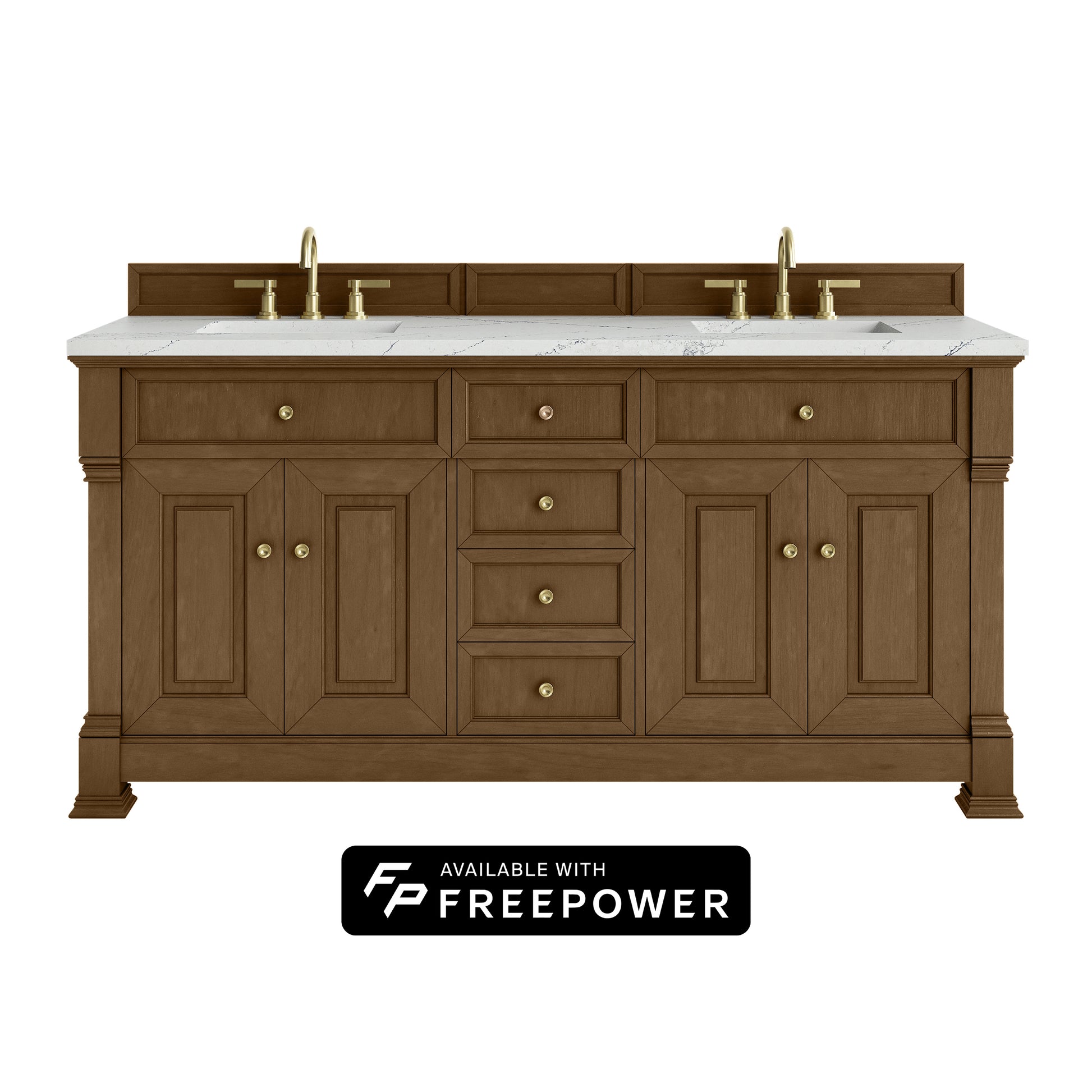 James Martin Vanities Brookfield 72" Honey Oak Double Vanity With 3cm Ethereal Noctis Silestone Top With FreePower Wireless Charger