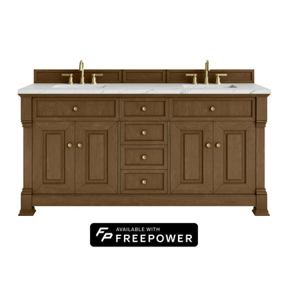 James Martin Vanities Brookfield 72" Honey Oak Double Vanity With 3cm Ethereal Noctis Silestone Top With FreePower Wireless Charger