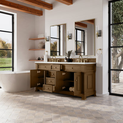 James Martin Vanities Brookfield 72" Honey Oak Double Vanity With 3cm Ethereal Noctis Silestone Top With FreePower Wireless Charger