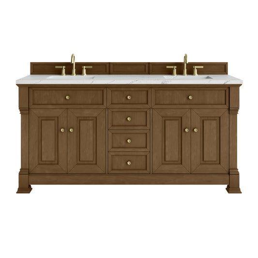James Martin Vanities Brookfield 72" Honey Oak Double Vanity With 3cm Ethereal Noctis Silestone Top With FreePower Wireless Charger