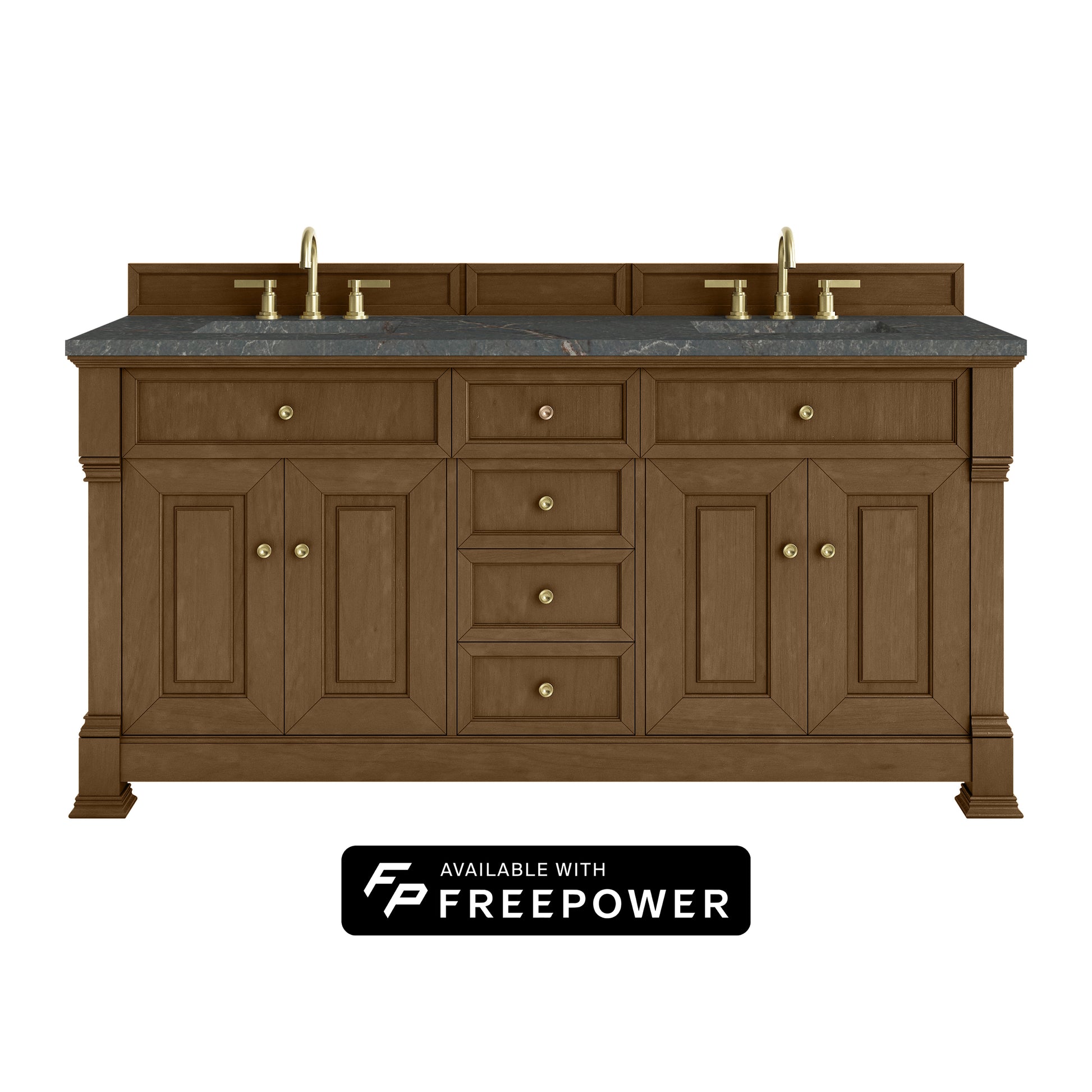 James Martin Vanities Brookfield 72" Honey Oak Double Vanity With 3cm Parisien Bleu Silestone Top With FreePower Wireless Charger