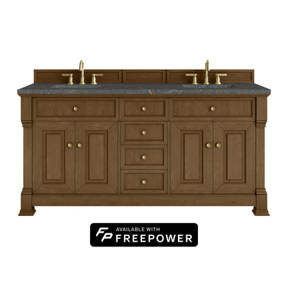 James Martin Vanities Brookfield 72" Honey Oak Double Vanity With 3cm Parisien Bleu Silestone Top With FreePower Wireless Charger