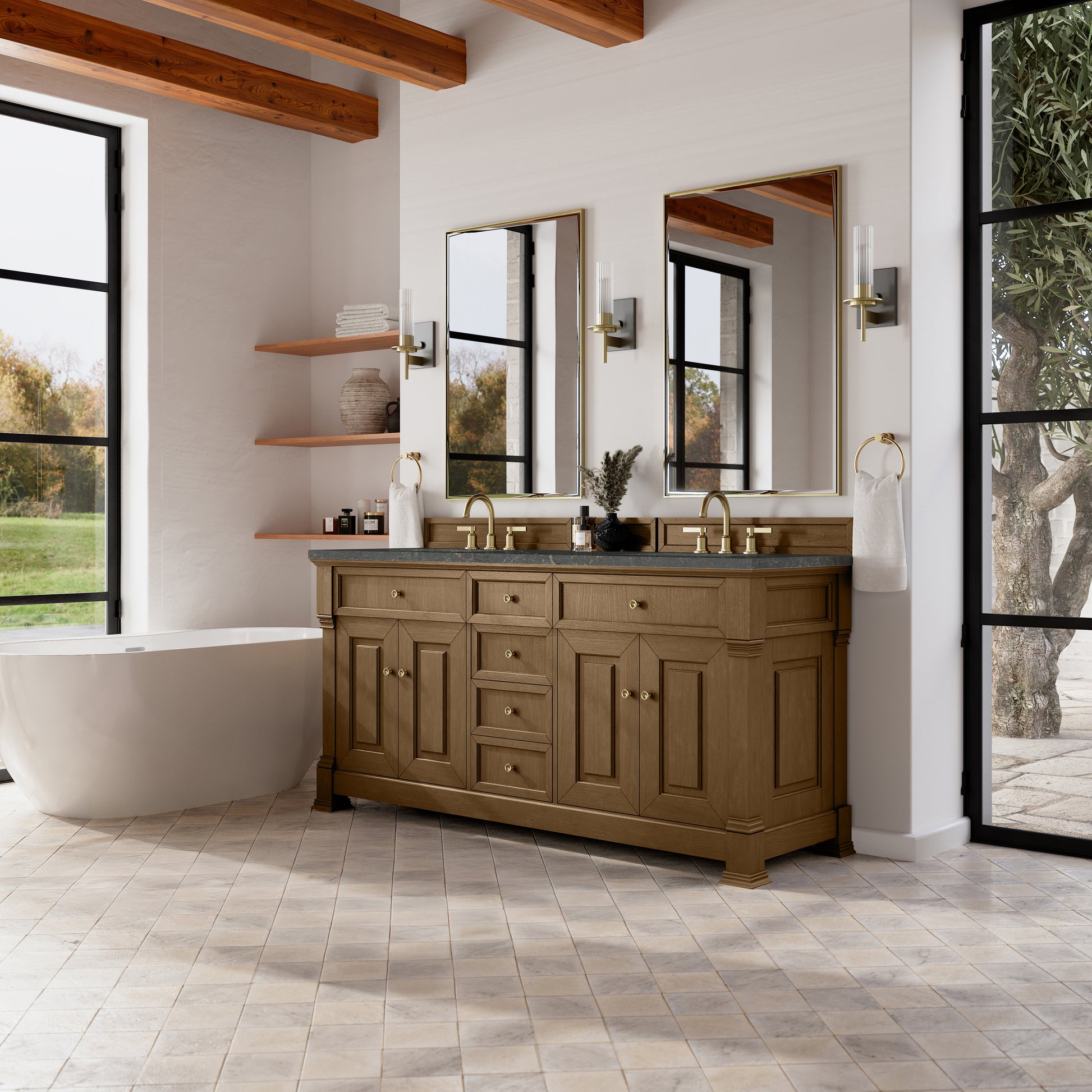 James Martin Vanities Brookfield 72" Honey Oak Double Vanity With 3cm Parisien Bleu Silestone Top With FreePower Wireless Charger