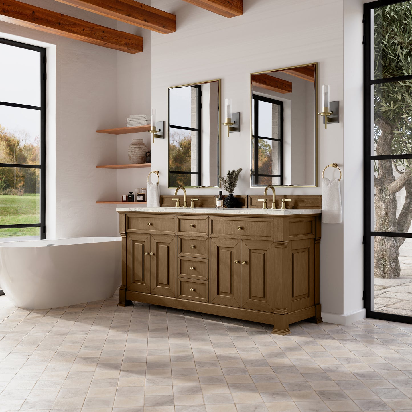 James Martin Vanities Brookfield 72" Honey Oak Double Vanity With 3cm Victorian Silver Silestone Top