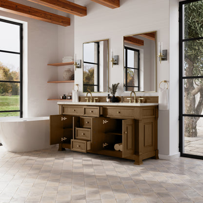 James Martin Vanities Brookfield 72" Honey Oak Double Vanity With 3cm Victorian Silver Silestone Top