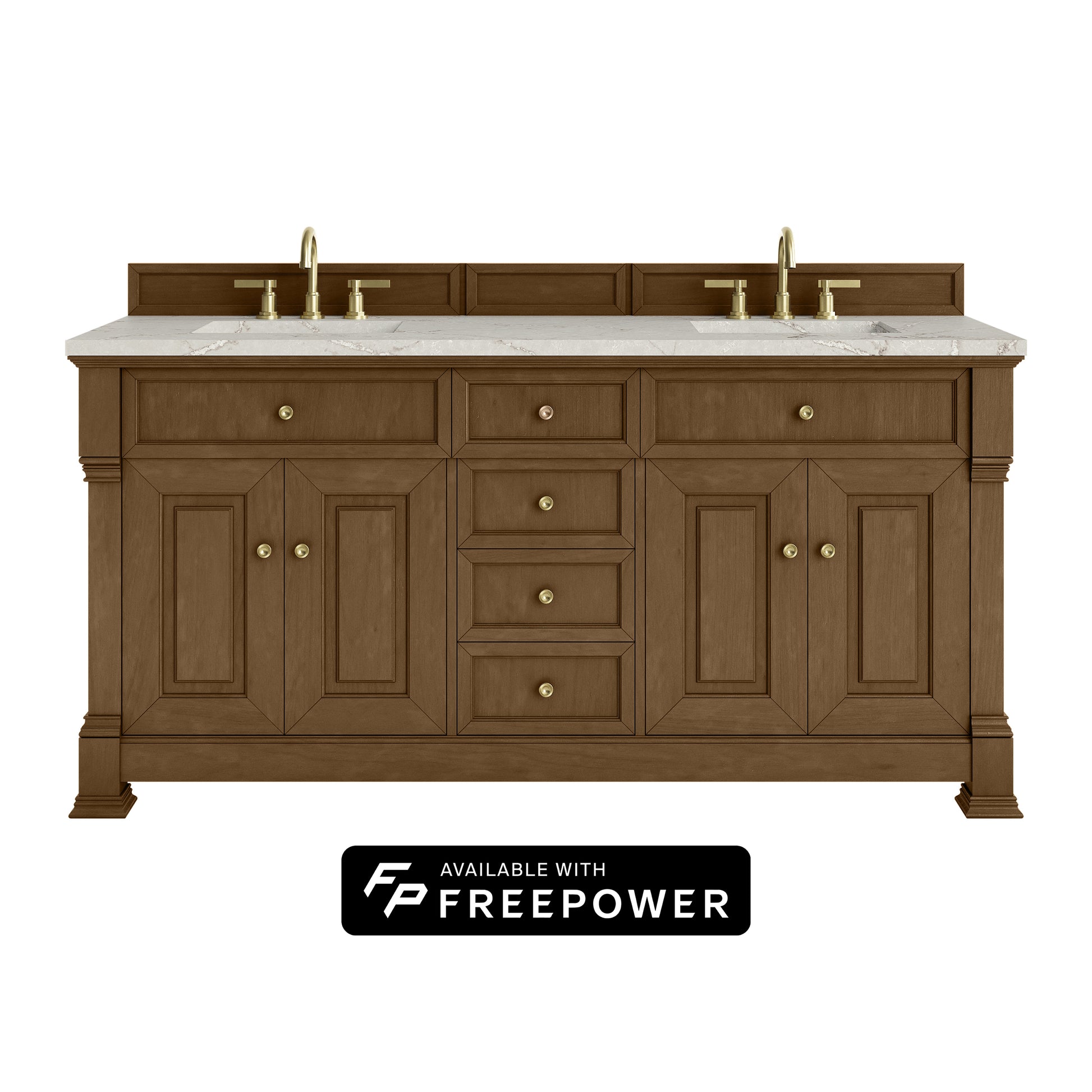 James Martin Vanities Brookfield 72" Honey Oak Double Vanity With 3cm Victorian Silver Silestone Top With FreePower Wireless Charger