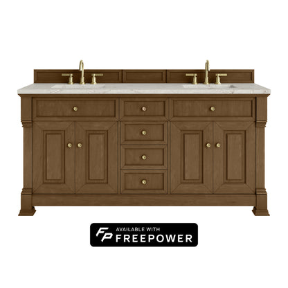 James Martin Vanities Brookfield 72" Honey Oak Double Vanity With 3cm Victorian Silver Silestone Top With FreePower Wireless Charger