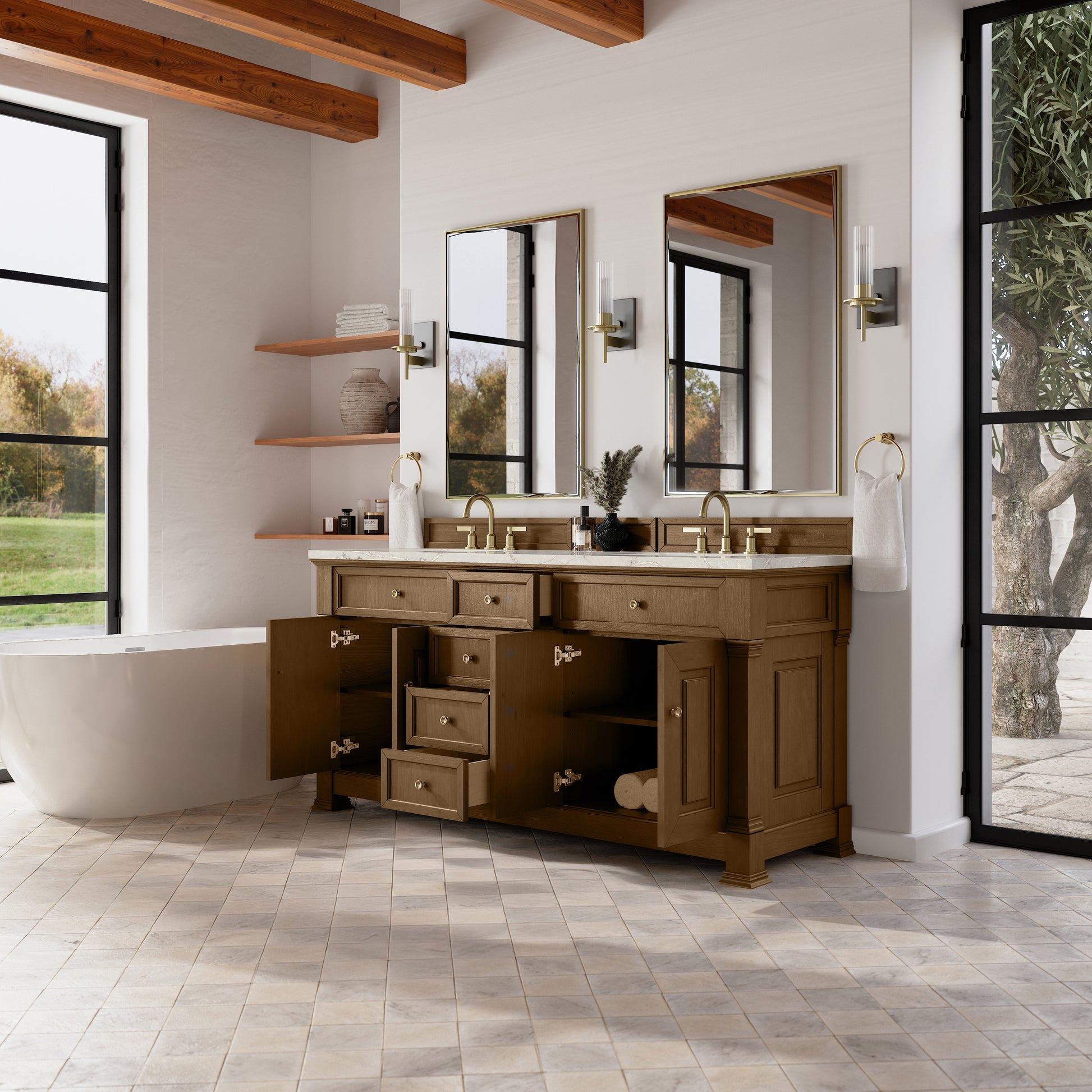 James Martin Vanities Brookfield 72" Honey Oak Double Vanity With 3cm Victorian Silver Silestone Top With FreePower Wireless Charger