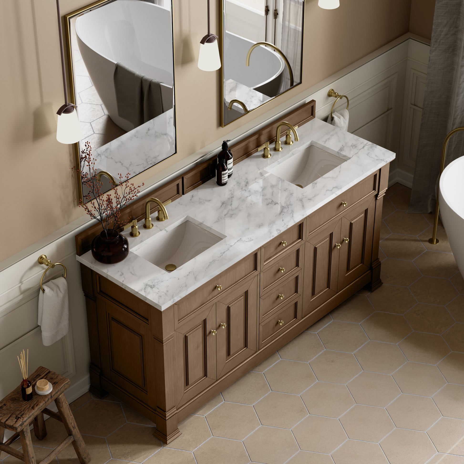 James Martin Vanities Brookfield 72" Pecan Double Vanity With 3cm Carrara White Marble Top
