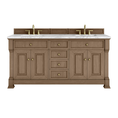 James Martin Vanities Brookfield 72" Pecan Double Vanity With 3cm Carrara White Marble Top