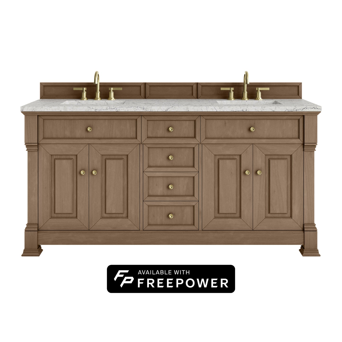 James Martin Vanities Brookfield 72" Pecan Double Vanity With 3cm Eternal Jasmine Pearl Silestone Top With FreePower Wireless Charger