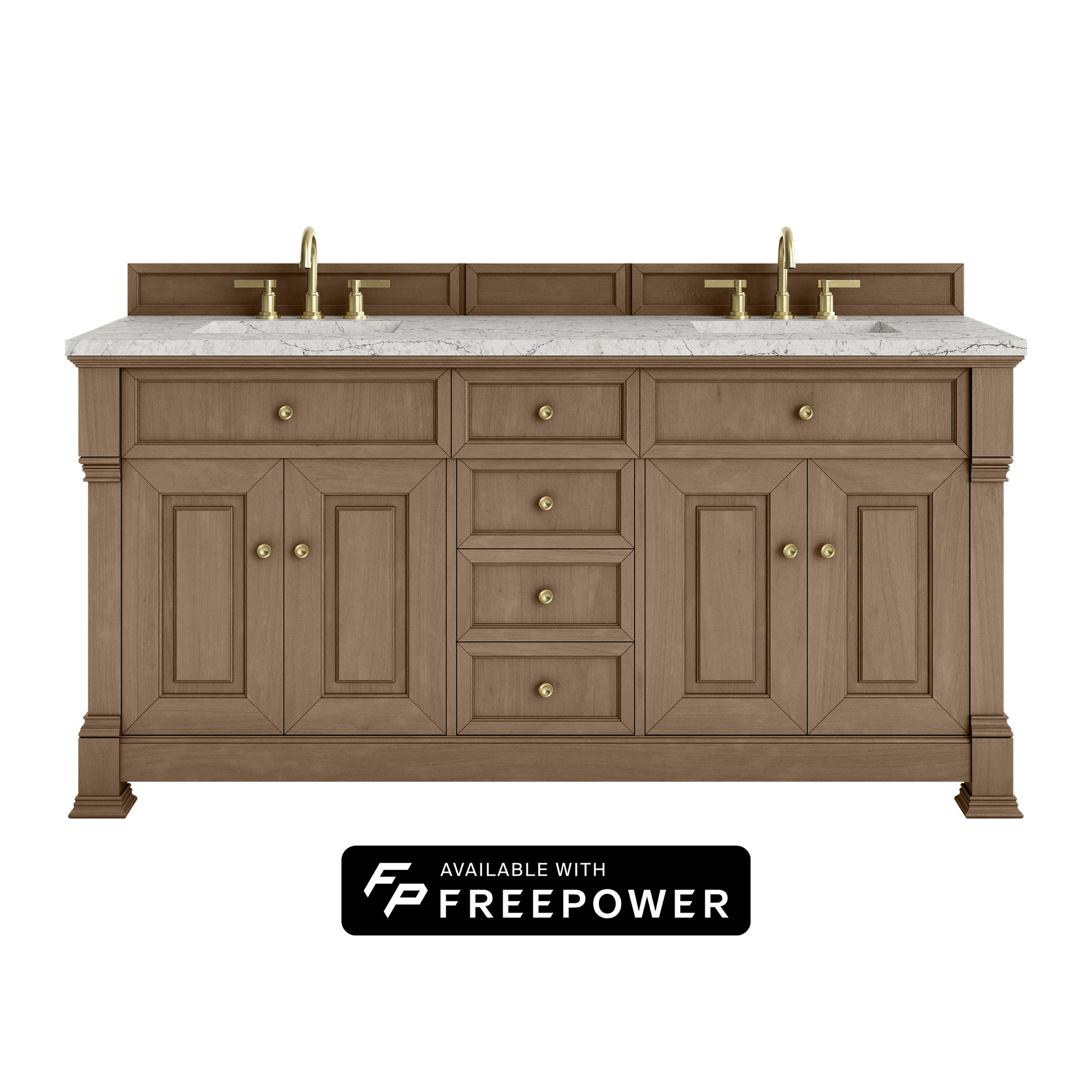 James Martin Vanities Brookfield 72" Pecan Double Vanity With 3cm Eternal Jasmine Pearl Silestone Top With FreePower Wireless Charger