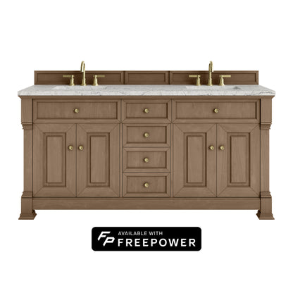 James Martin Vanities Brookfield 72" Pecan Double Vanity With 3cm Eternal Jasmine Pearl Silestone Top With FreePower Wireless Charger