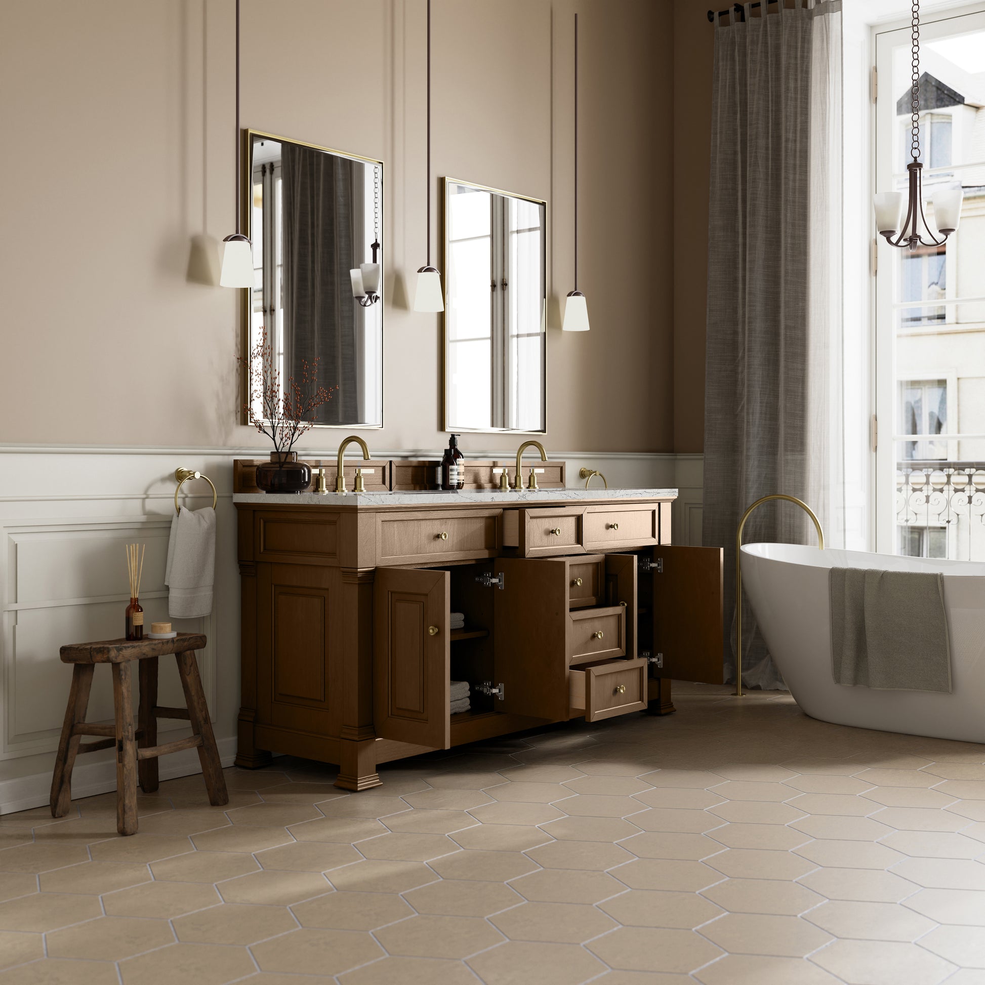 James Martin Vanities Brookfield 72" Pecan Double Vanity With 3cm Eternal Jasmine Pearl Silestone Top With FreePower Wireless Charger