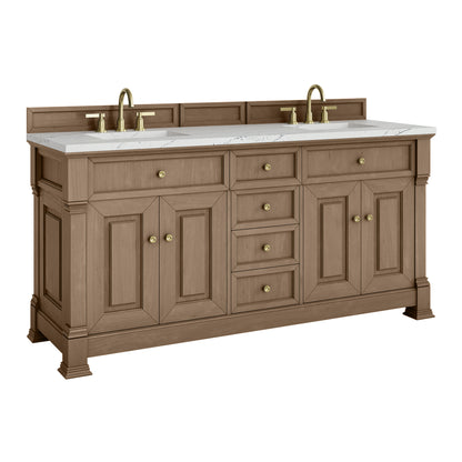 James Martin Vanities Brookfield 72" Pecan Double Vanity With 3cm Ethereal Noctis Silestone Top