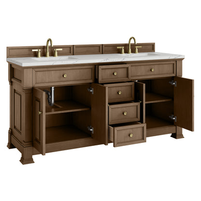 James Martin Vanities Brookfield 72" Pecan Double Vanity With 3cm Ethereal Noctis Silestone Top