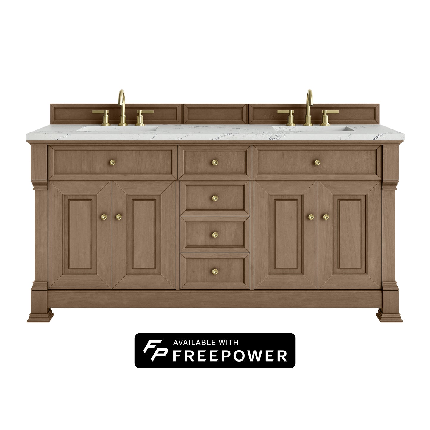 James Martin Vanities Brookfield 72" Pecan Double Vanity With 3cm Ethereal Noctis Silestone Top With FreePower Wireless Charger