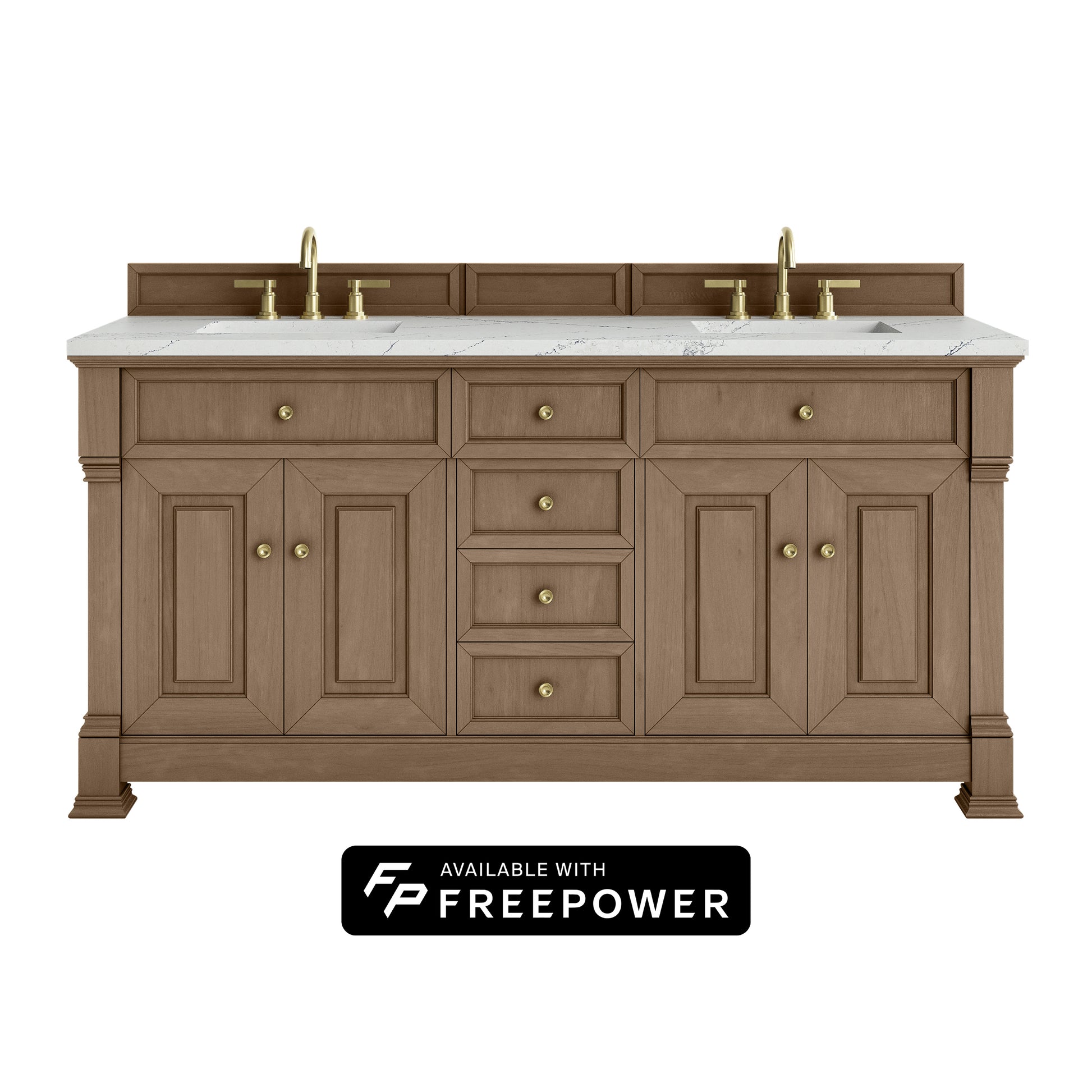 James Martin Vanities Brookfield 72" Pecan Double Vanity With 3cm Ethereal Noctis Silestone Top With FreePower Wireless Charger