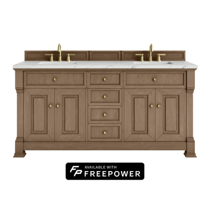 James Martin Vanities Brookfield 72" Pecan Double Vanity With 3cm Ethereal Noctis Silestone Top With FreePower Wireless Charger