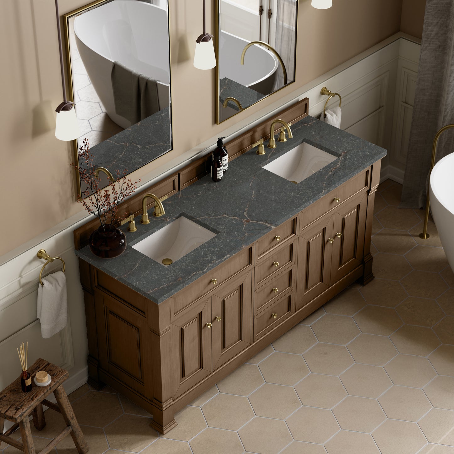 James Martin Vanities Brookfield 72" Pecan Double Vanity With 3cm Parisien Bleu Silestone Top