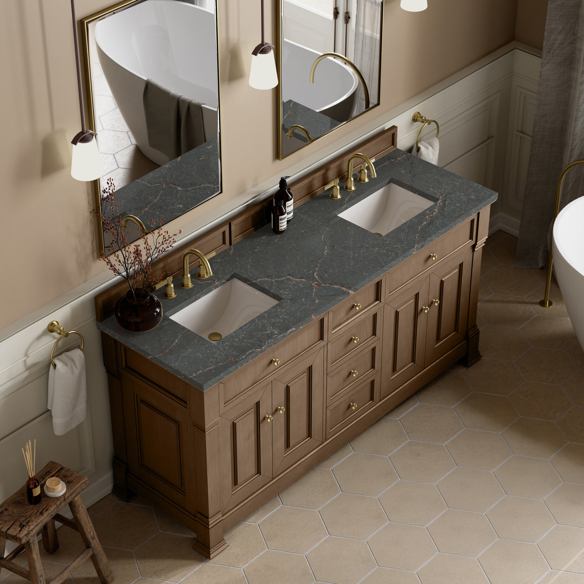 James Martin Vanities Brookfield 72" Pecan Double Vanity With 3cm Parisien Bleu Silestone Top