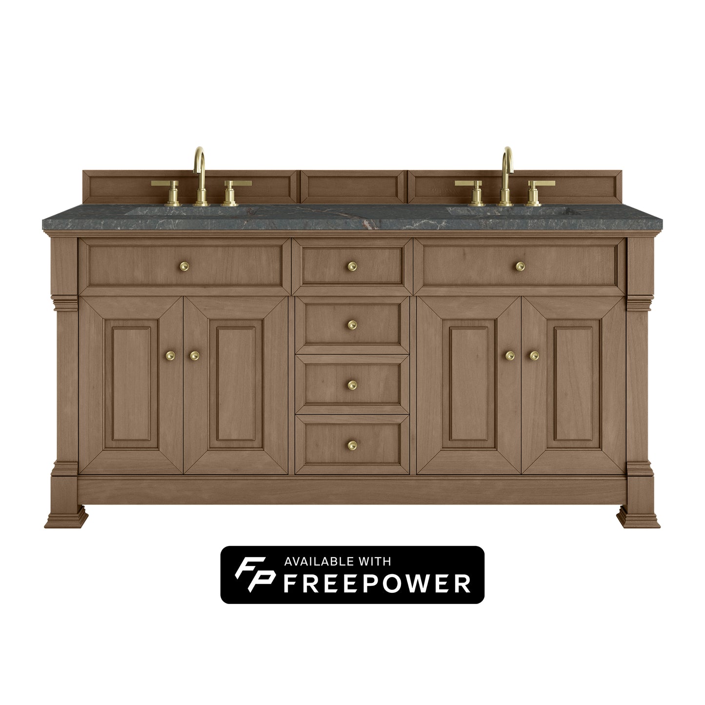 James Martin Vanities Brookfield 72" Pecan Double Vanity With 3cm Parisien Bleu Silestone Top With FreePower Wireless Charger