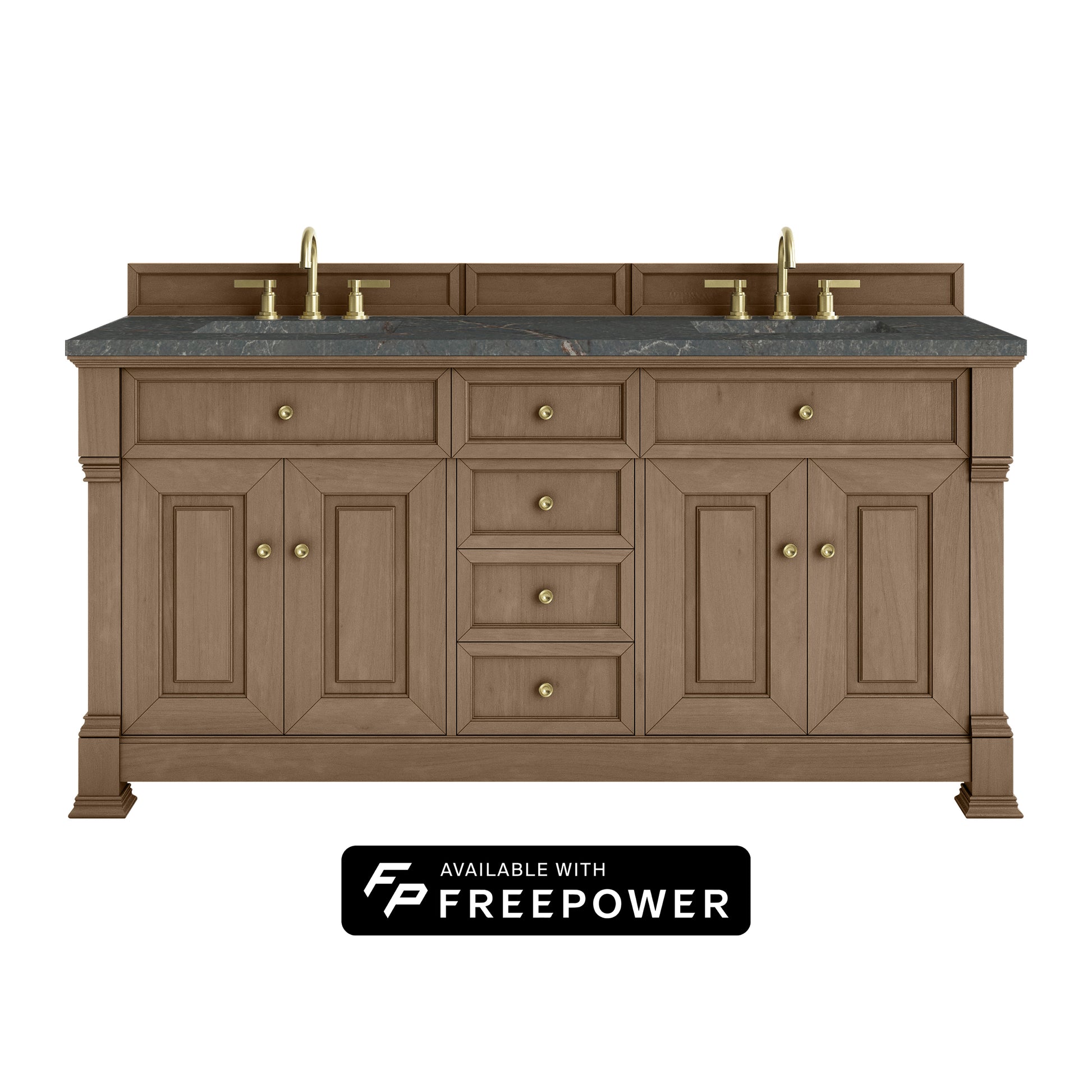 James Martin Vanities Brookfield 72" Pecan Double Vanity With 3cm Parisien Bleu Silestone Top With FreePower Wireless Charger