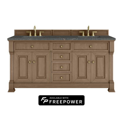 James Martin Vanities Brookfield 72" Pecan Double Vanity With 3cm Parisien Bleu Silestone Top With FreePower Wireless Charger