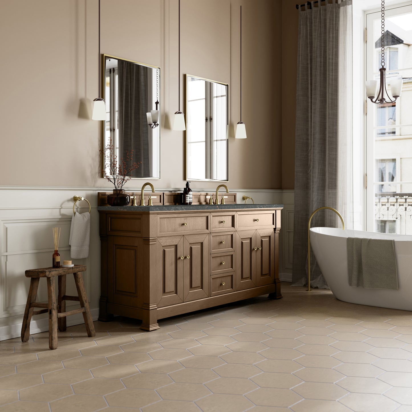 James Martin Vanities Brookfield 72" Pecan Double Vanity With 3cm Parisien Bleu Silestone Top With FreePower Wireless Charger