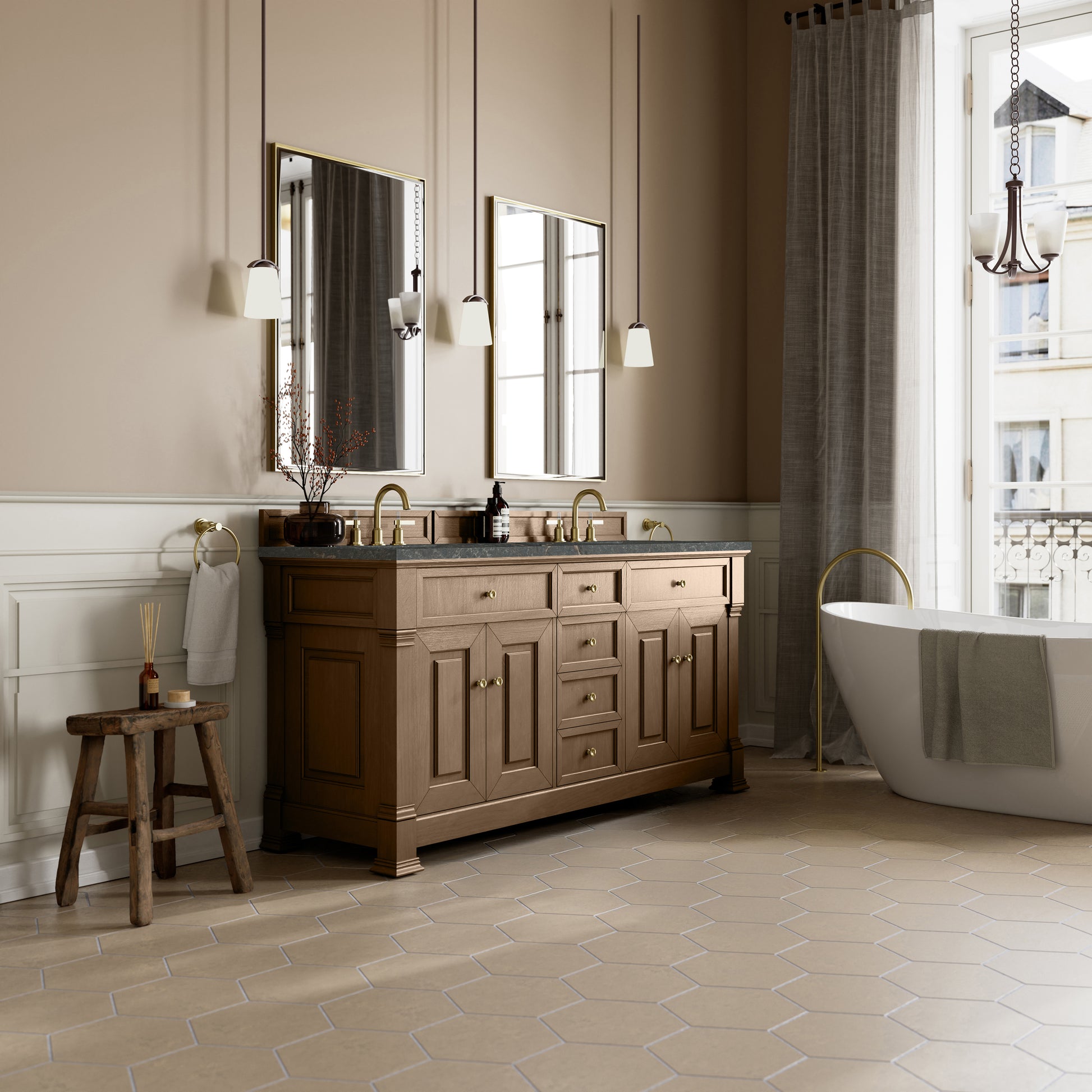 James Martin Vanities Brookfield 72" Pecan Double Vanity With 3cm Parisien Bleu Silestone Top With FreePower Wireless Charger