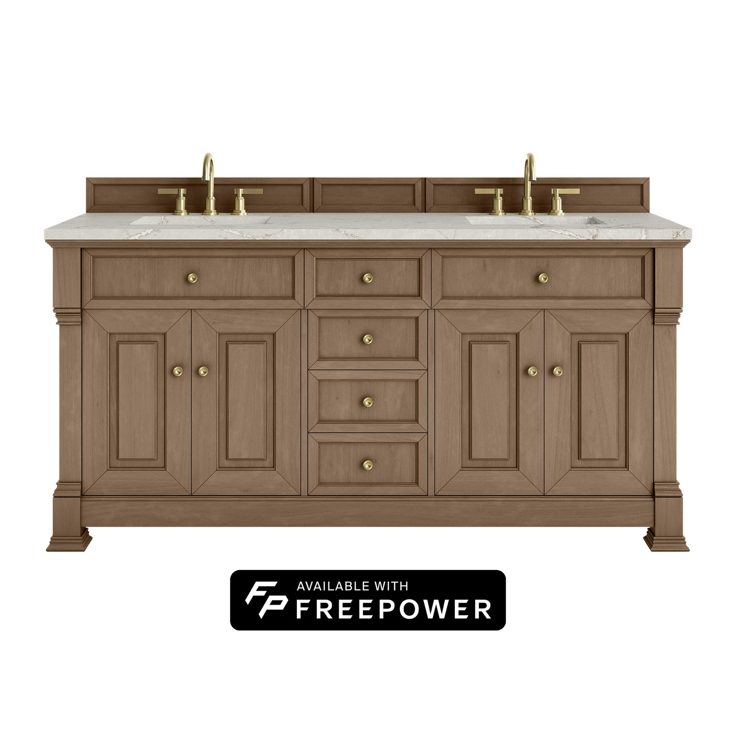 James Martin Vanities Brookfield 72" Pecan Double Vanity With 3cm Victorian Silver Silestone Top With FreePower Wireless Charger