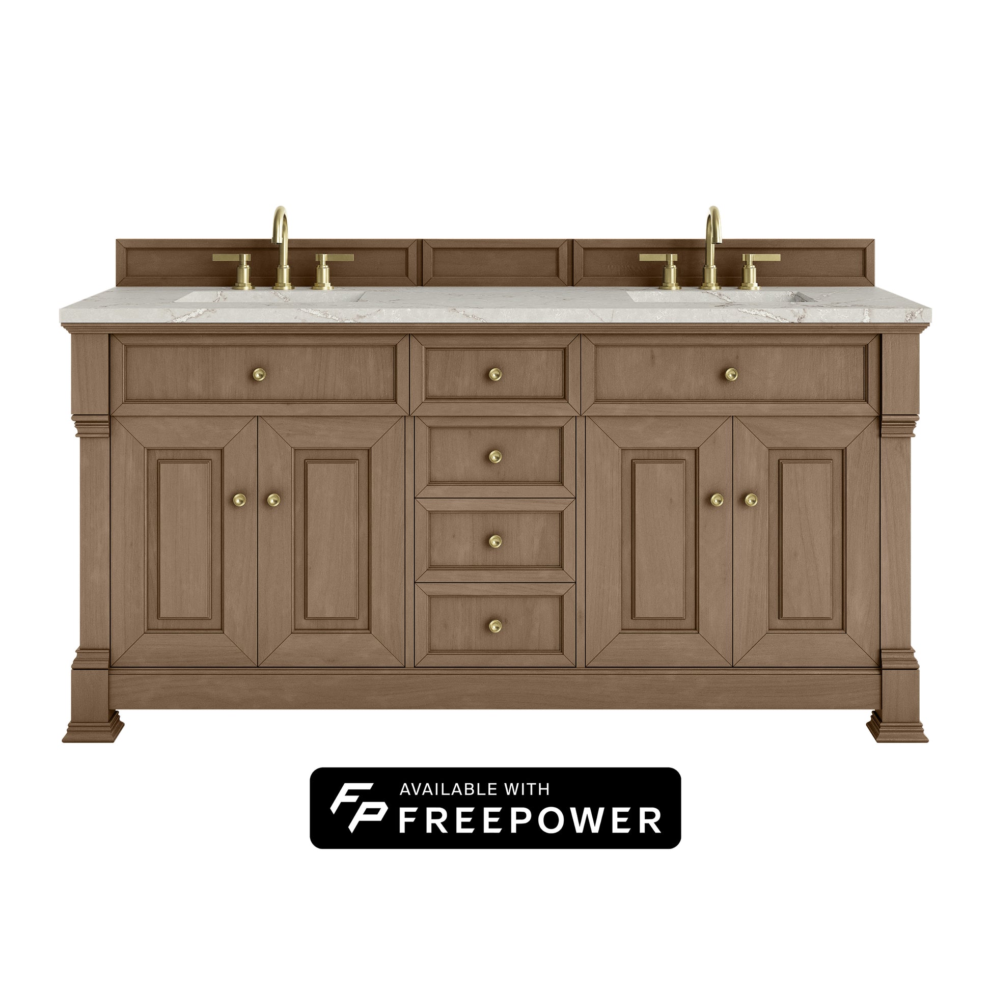 James Martin Vanities Brookfield 72" Pecan Double Vanity With 3cm Victorian Silver Silestone Top With FreePower Wireless Charger