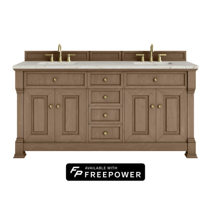 James Martin Vanities Brookfield 72" Pecan Double Vanity With 3cm Victorian Silver Silestone Top With FreePower Wireless Charger