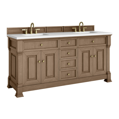 James Martin Vanities Brookfield 72" Pecan Double Vanity With 3cm White Zeus Silestone Top