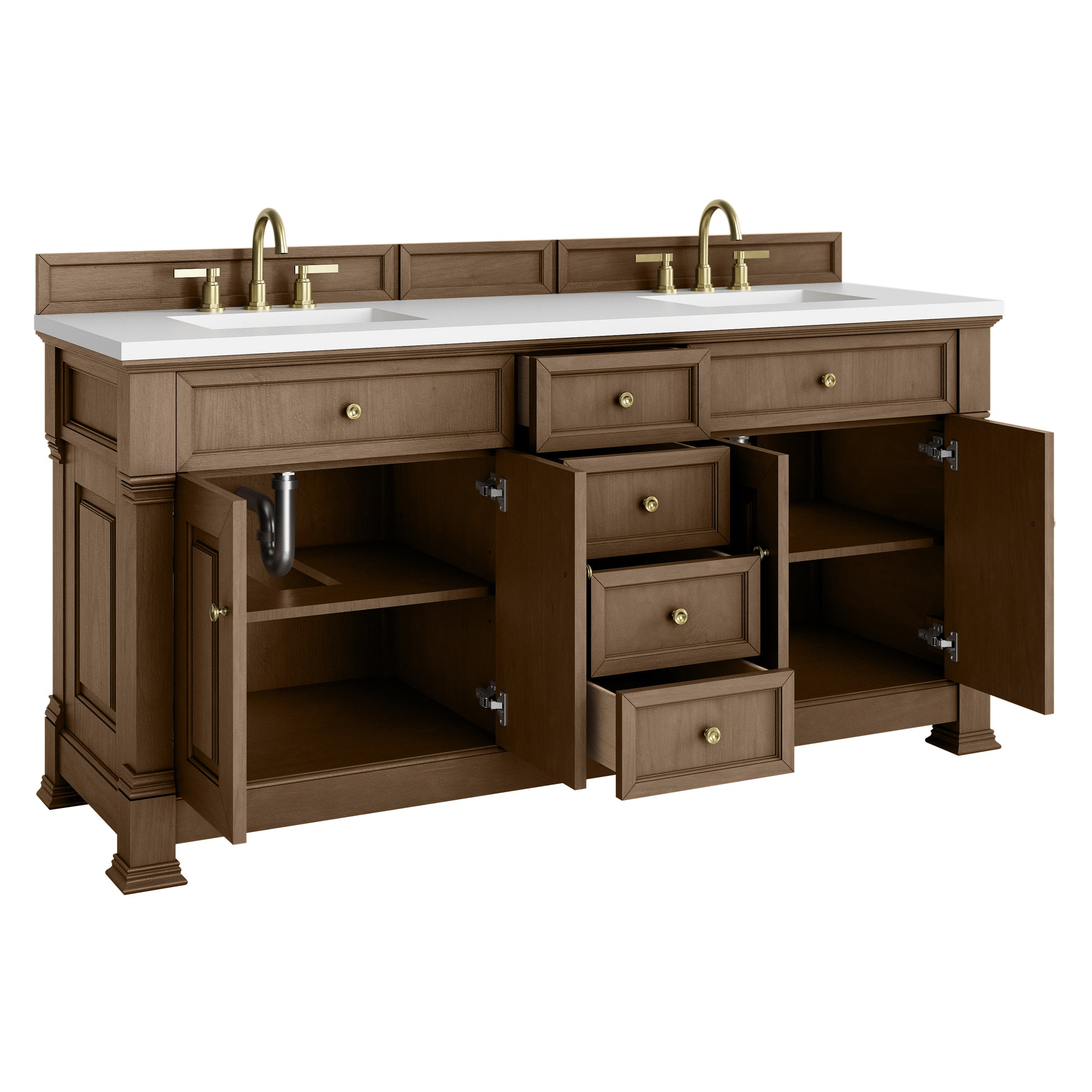 James Martin Vanities Brookfield 72" Pecan Double Vanity With 3cm White Zeus Silestone Top