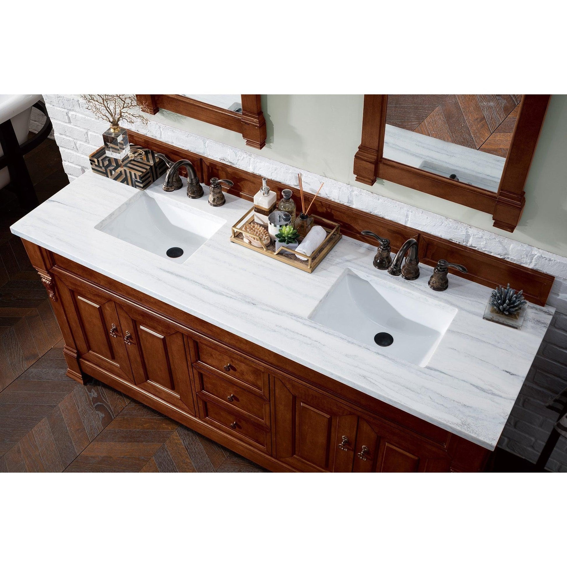 James Martin Vanities Brookfield 72" Warm Cherry Double Vanity With 3cm Arctic Fall Solid Surface Top