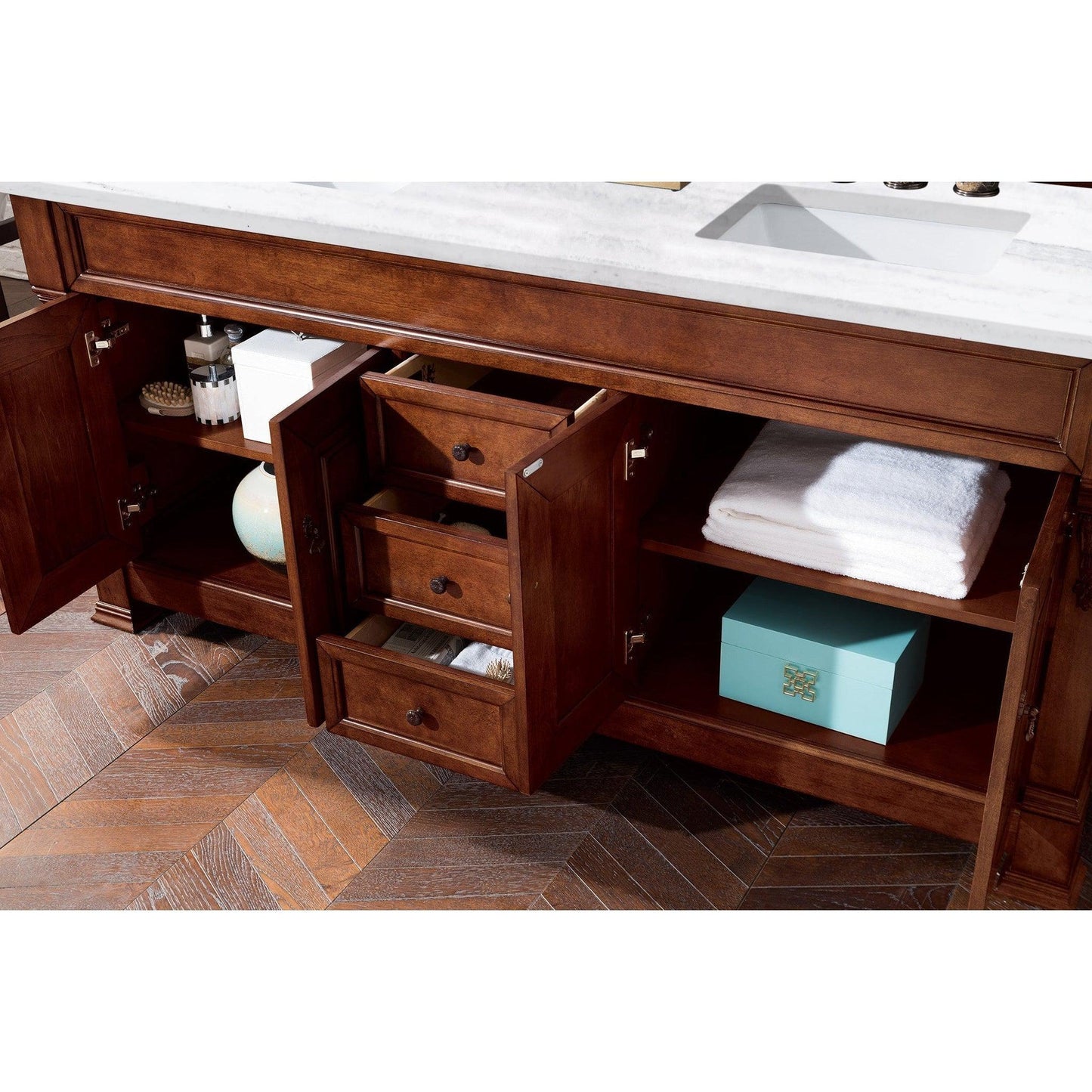 James Martin Vanities Brookfield 72" Warm Cherry Double Vanity With 3cm Arctic Fall Solid Surface Top