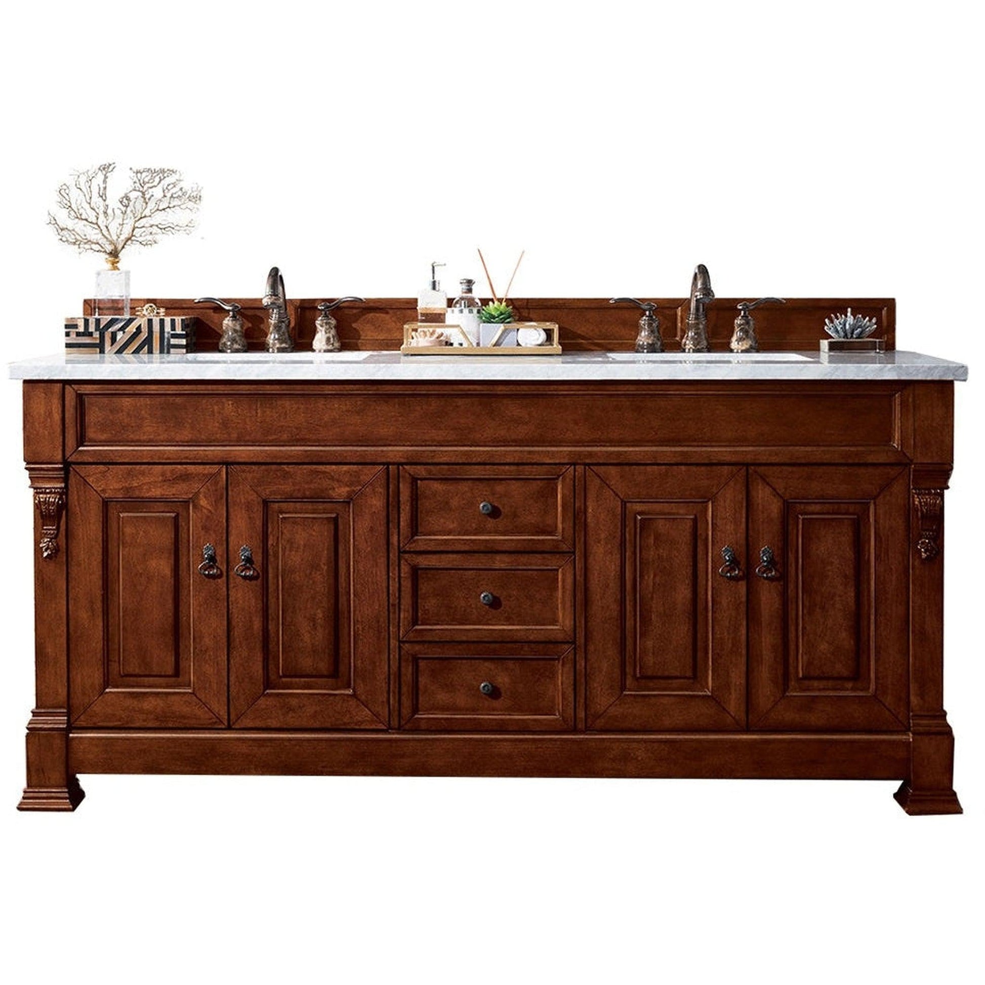 James Martin Vanities Brookfield 72" Warm Cherry Double Vanity With 3cm Arctic Fall Solid Surface Top