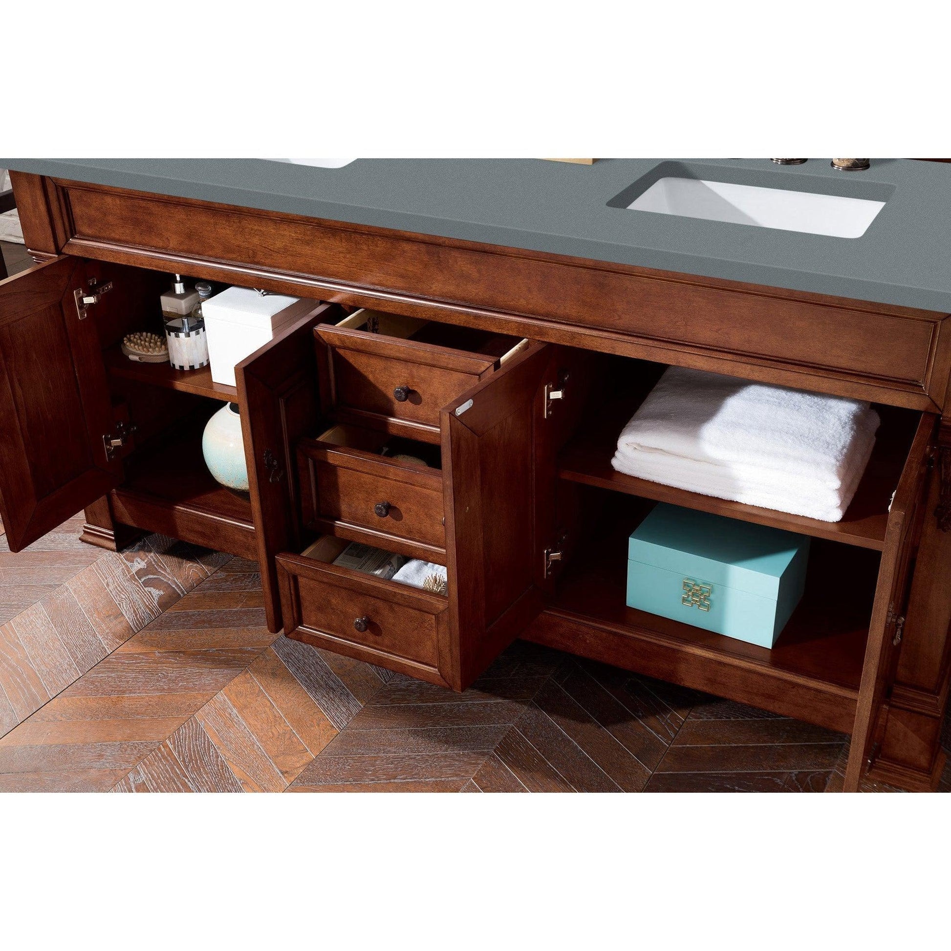 James Martin Vanities Brookfield 72" Warm Cherry Double Vanity With 3cm Cala Blue Quartz Top