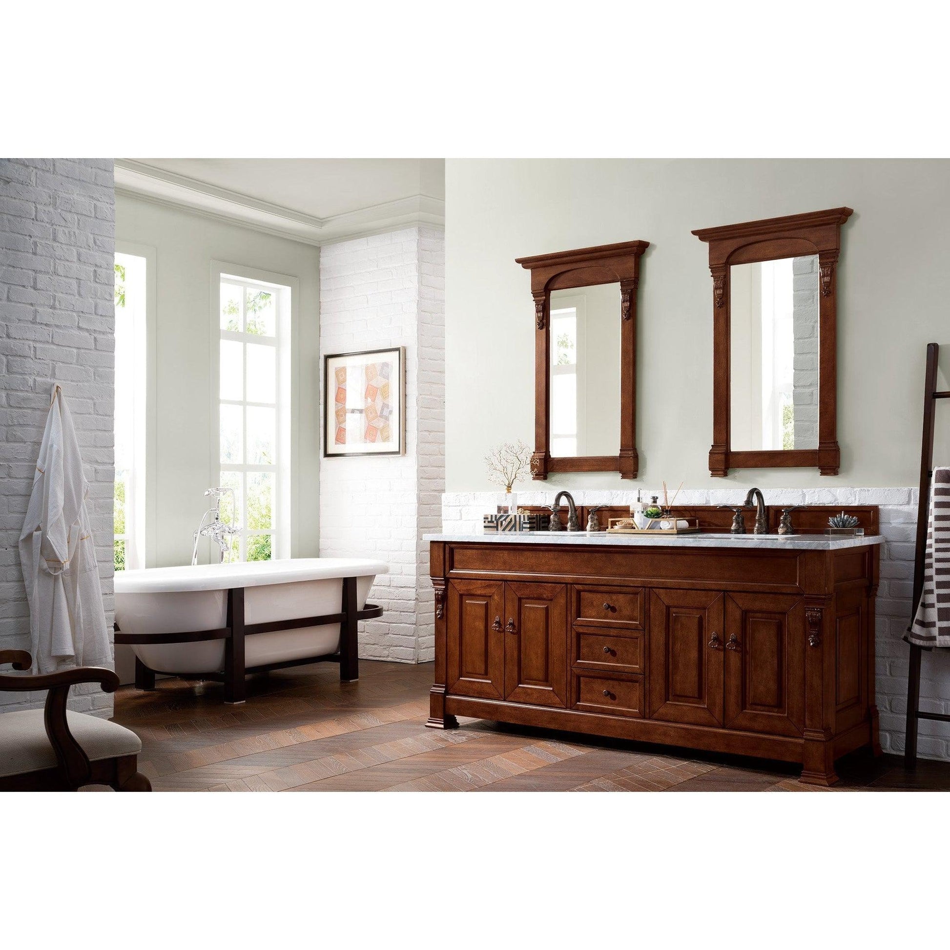 James Martin Vanities Brookfield 72" Warm Cherry Double Vanity With 3cm Carrara MarbleTop