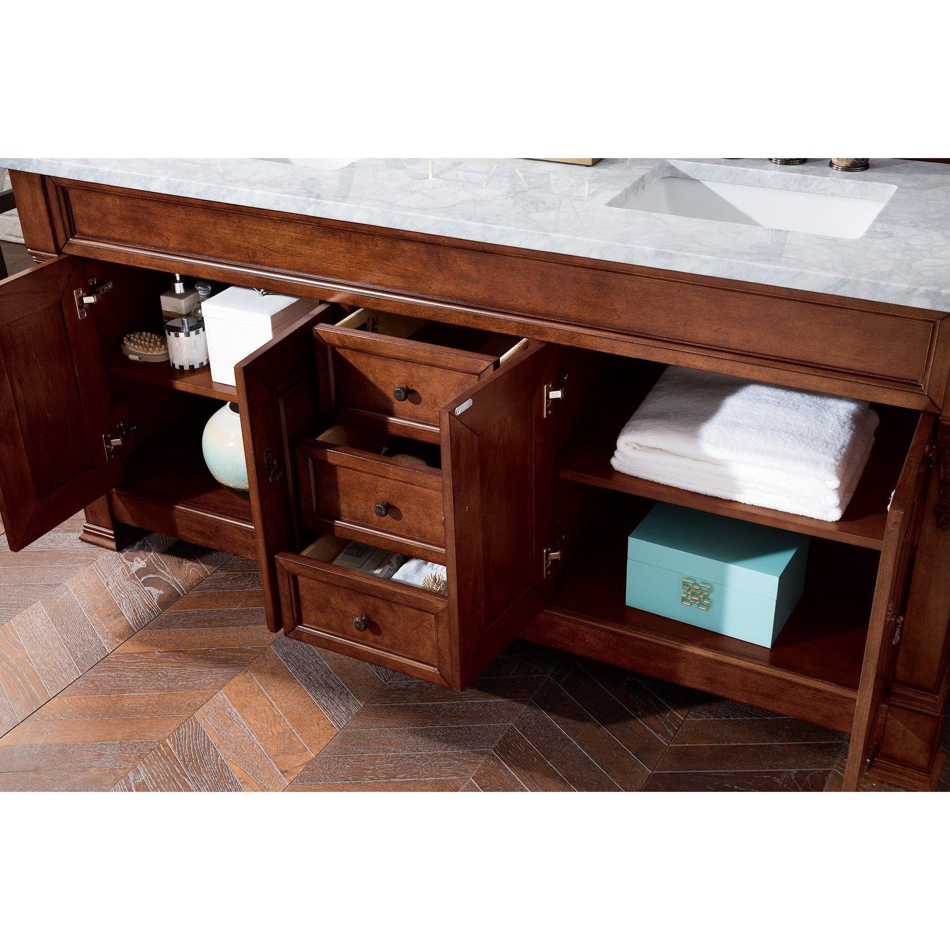 James Martin Vanities Brookfield 72" Warm Cherry Double Vanity With 3cm Carrara MarbleTop