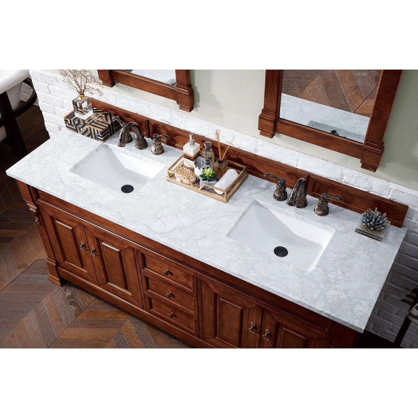 James Martin Vanities Brookfield 72" Warm Cherry Double Vanity With 3cm Carrara MarbleTop